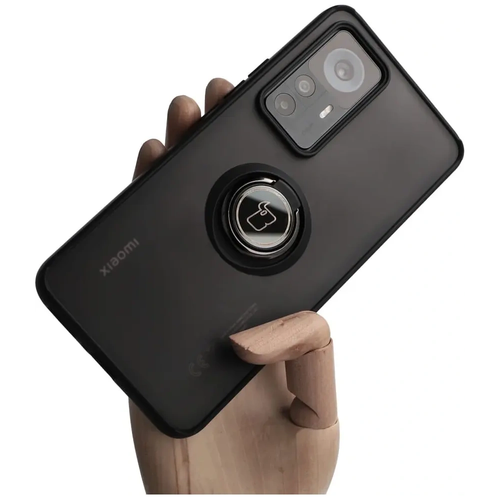 Etui z uchwytem na palec Bizon Case Hybrid Ring do Xiaomi 12T / 12T Pro przydymione z czarną ramką