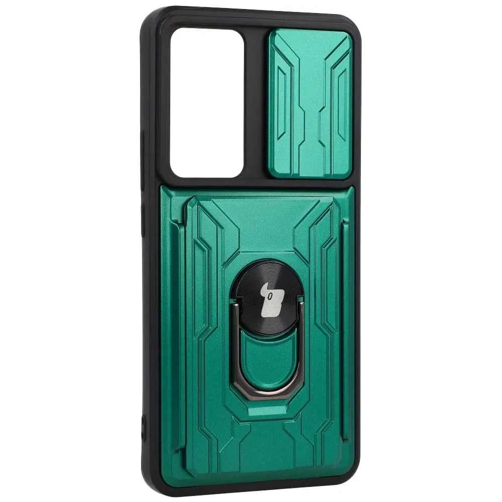 Etui Bizon Case Camshield Card Slot Ring do Xiaomi 12T zielone