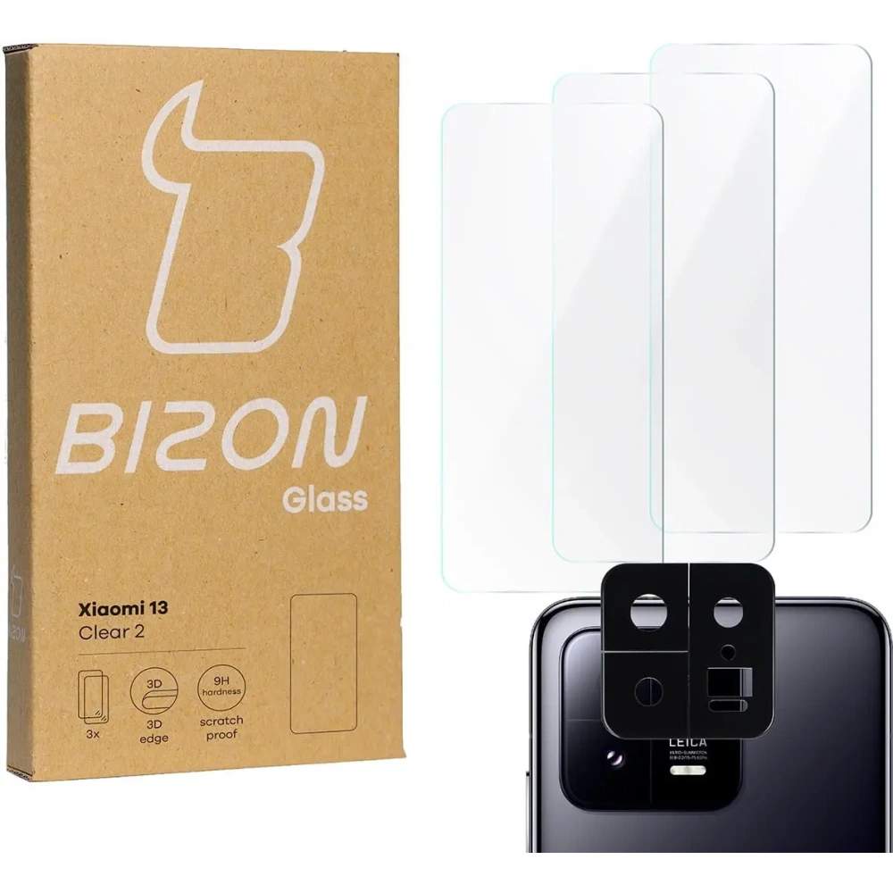 3x Szkło na ekran + szkło na aparat BIZON Clear 2 do Xiaomi 13
