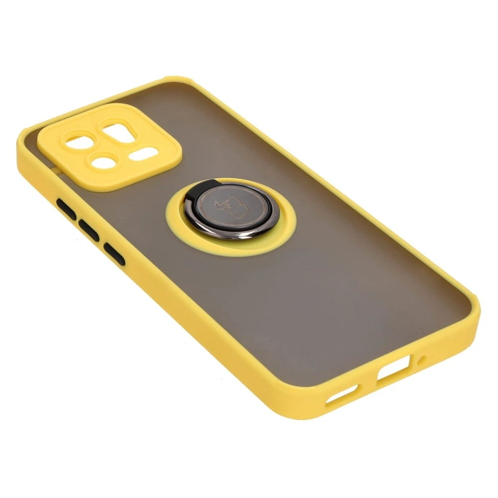 Etui z uchwytem na palec Bizon Case Hybrid Ring do Xiaomi 13 przydymione z żółtą ramką