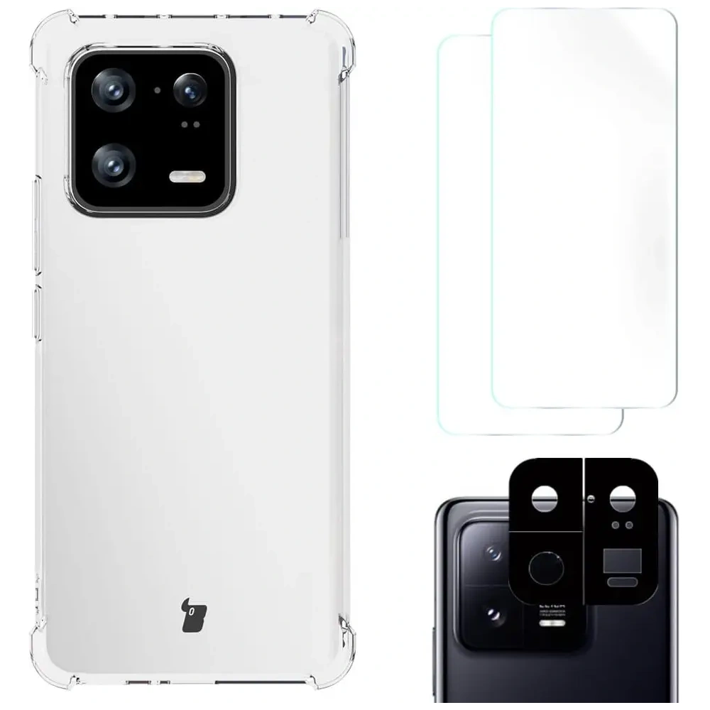Etui + 2x folia + obiektyw Bizon Case Clear Pack do Xiaomi 13 Pro przezroczyste