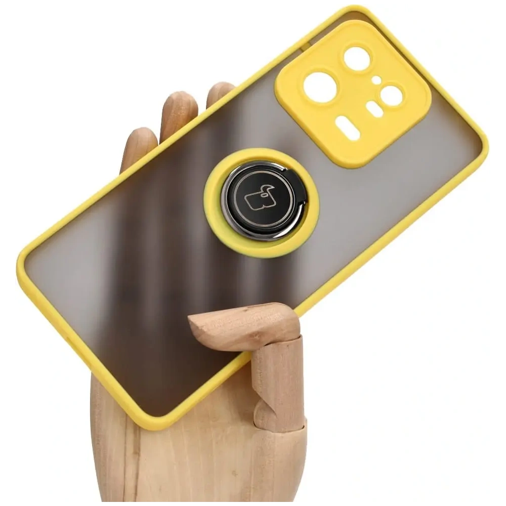Etui z uchwytem na palec Bizon Case Hybrid Ring do Xiaomi 13 Pro przydymione z żółtą ramką