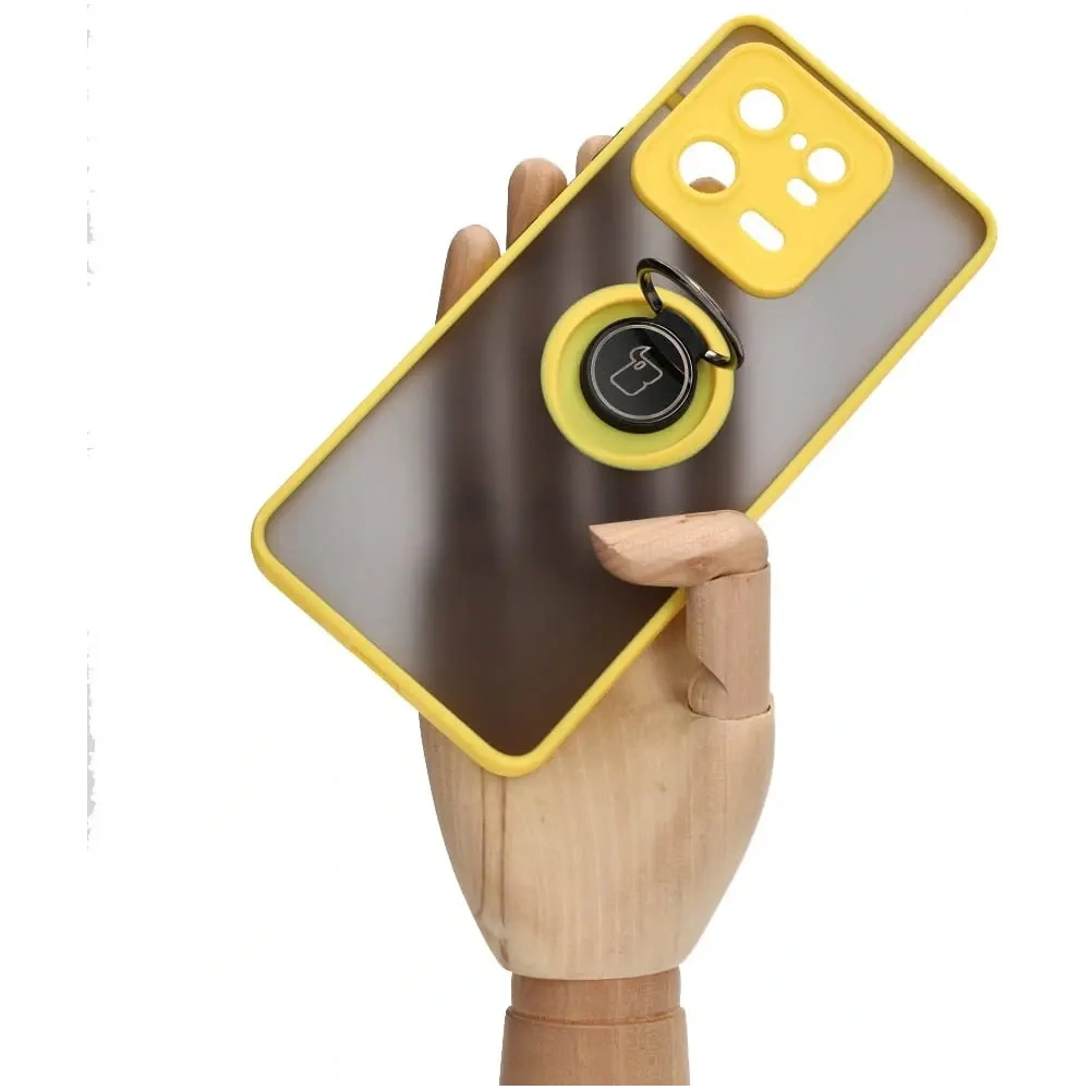 Etui z uchwytem na palec Bizon Case Hybrid Ring do Xiaomi 13 Pro przydymione z żółtą ramką