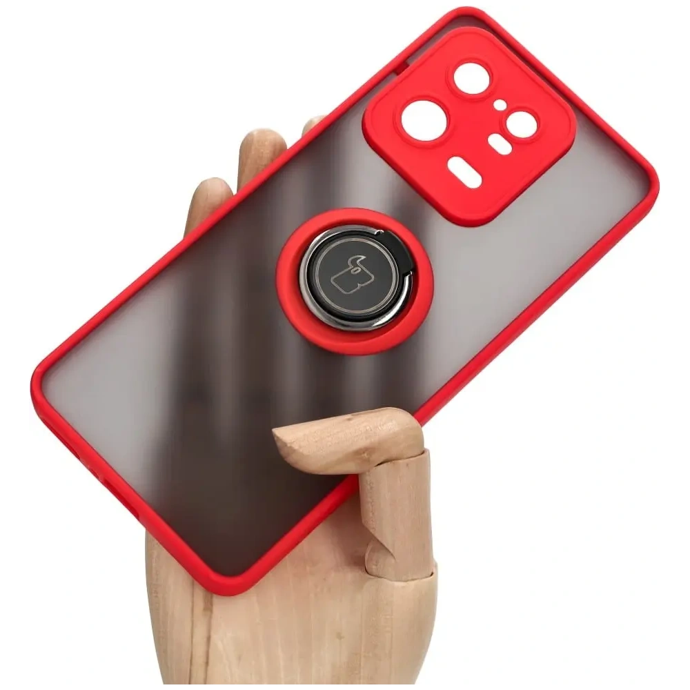 Etui z uchwytem na palec Bizon Case Hybrid Ring do Xiaomi 13 Pro przydymione z czerwoną ramką