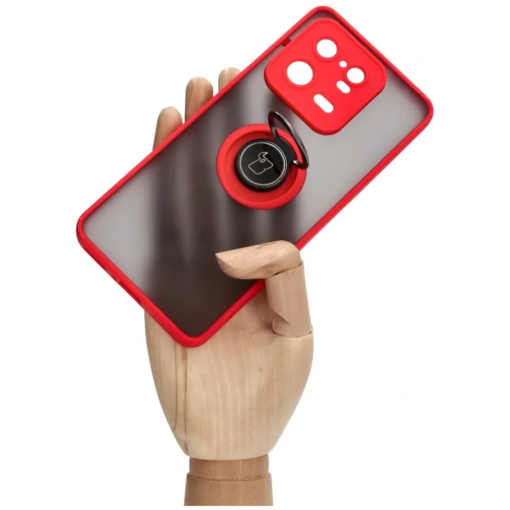 Etui z uchwytem na palec Bizon Case Hybrid Ring do Xiaomi 13 Pro przydymione z czerwoną ramką