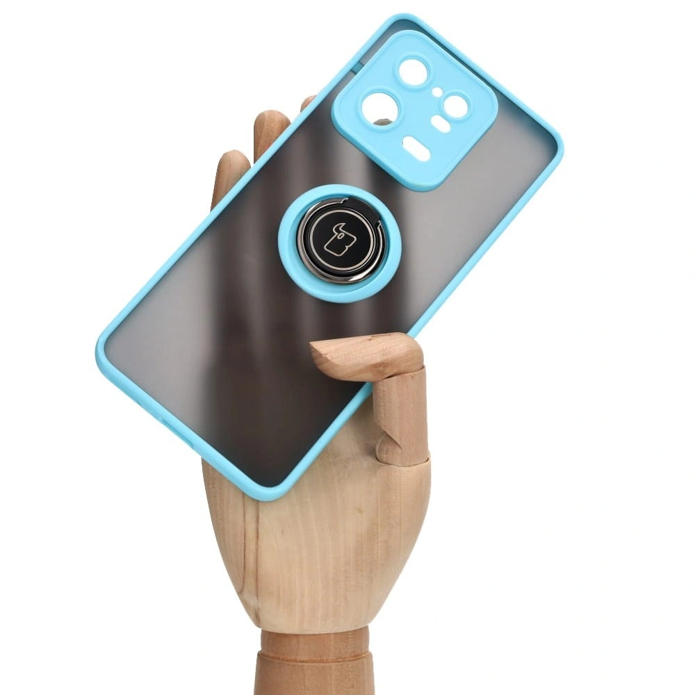 Etui z uchwytem na palec Bizon Case Hybrid Ring do Xiaomi 13 Pro przydymione z jasnoniebieską ramką