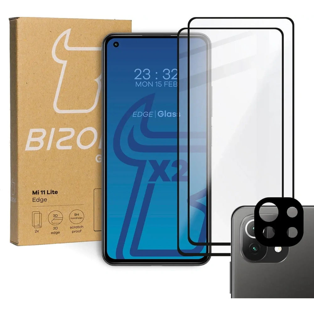 Szkło hartowane Bizon Glass Edge - [2 PACK] + ochrona na obiektyw Xiaomi Mi 11 Lite / 5G / 5G NE czarne