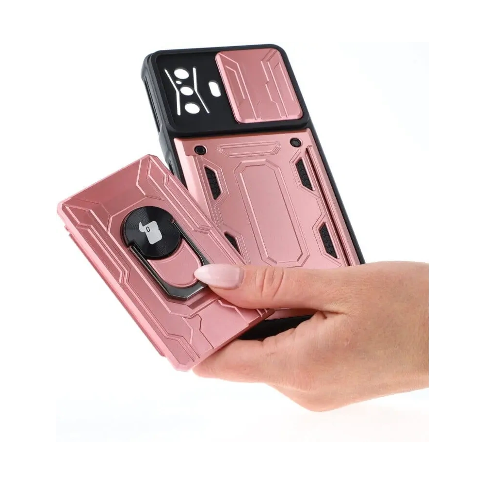 Etui Bizon Case Camshield Card Slot Ring do Xiaomi Poco F4 GT jasnoróżowe