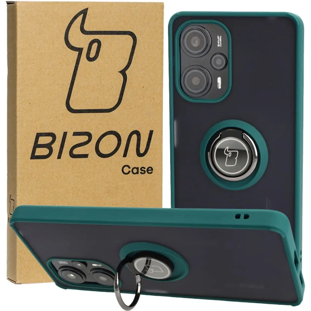 Etui z uchwytem na palec Bizon Case Hybrid Ring do Xiaomi Poco F5 przydymione z ciemnozieloną ramką