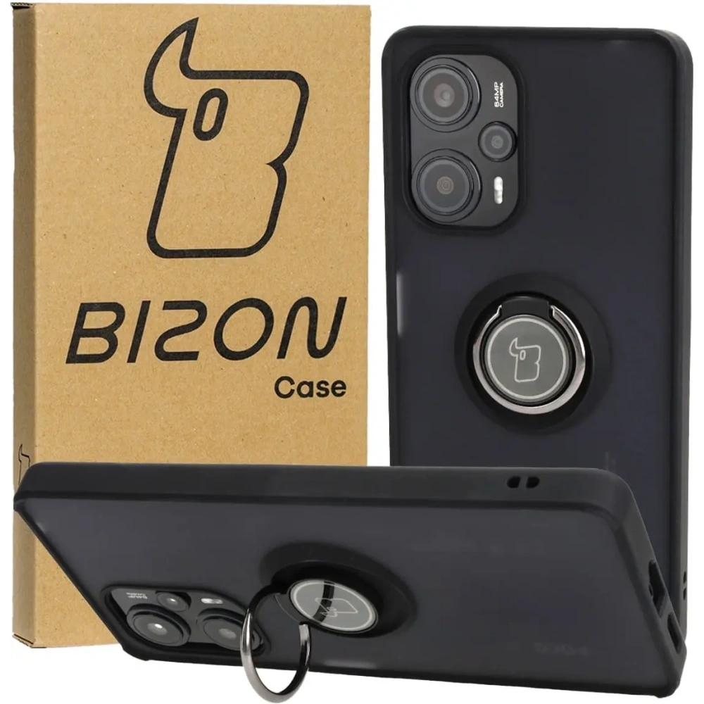 Etui z uchwytem na palec Bizon Case Hybrid Ring do Xiaomi Poco F5 przydymione z czarną ramką