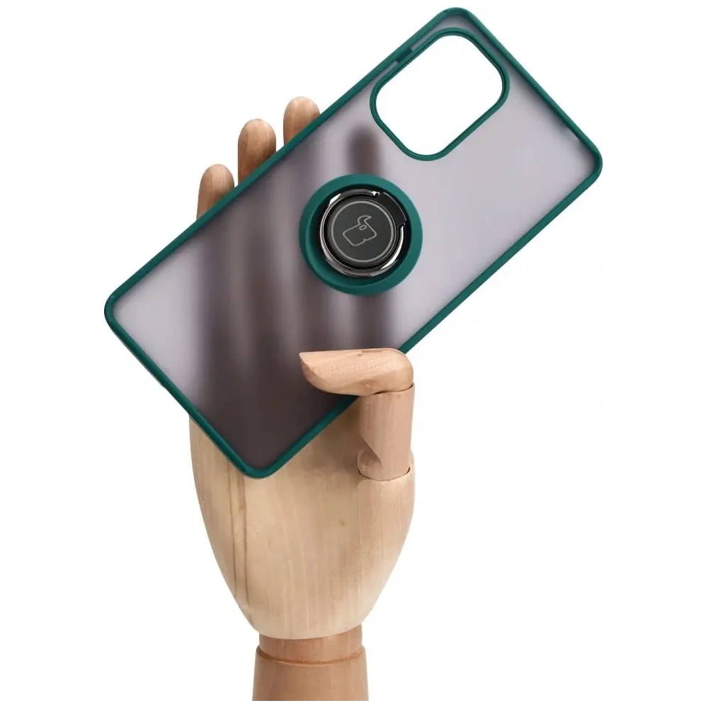 Etui z uchwytem na palec Bizon Case Hybrid Ring do Xiaomi Poco F5 przydymione z ciemnozieloną ramką