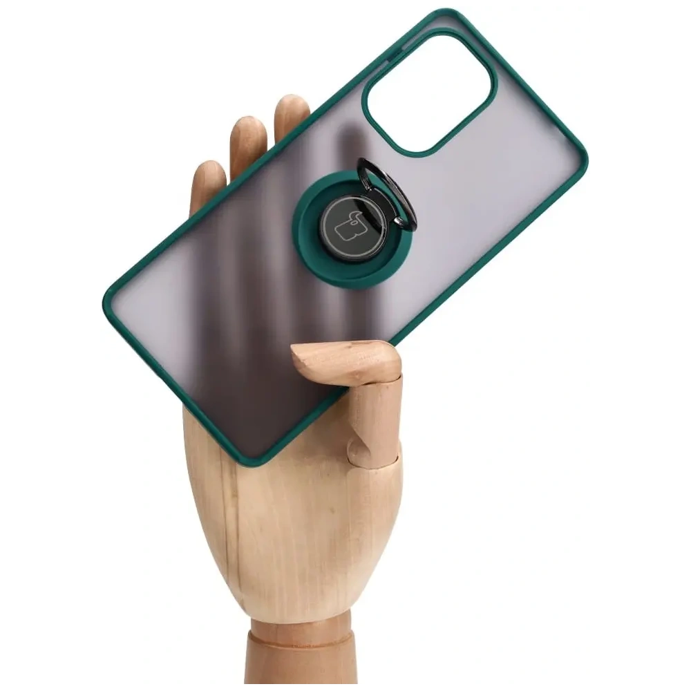 Etui z uchwytem na palec Bizon Case Hybrid Ring do Xiaomi Poco F5 przydymione z ciemnozieloną ramką
