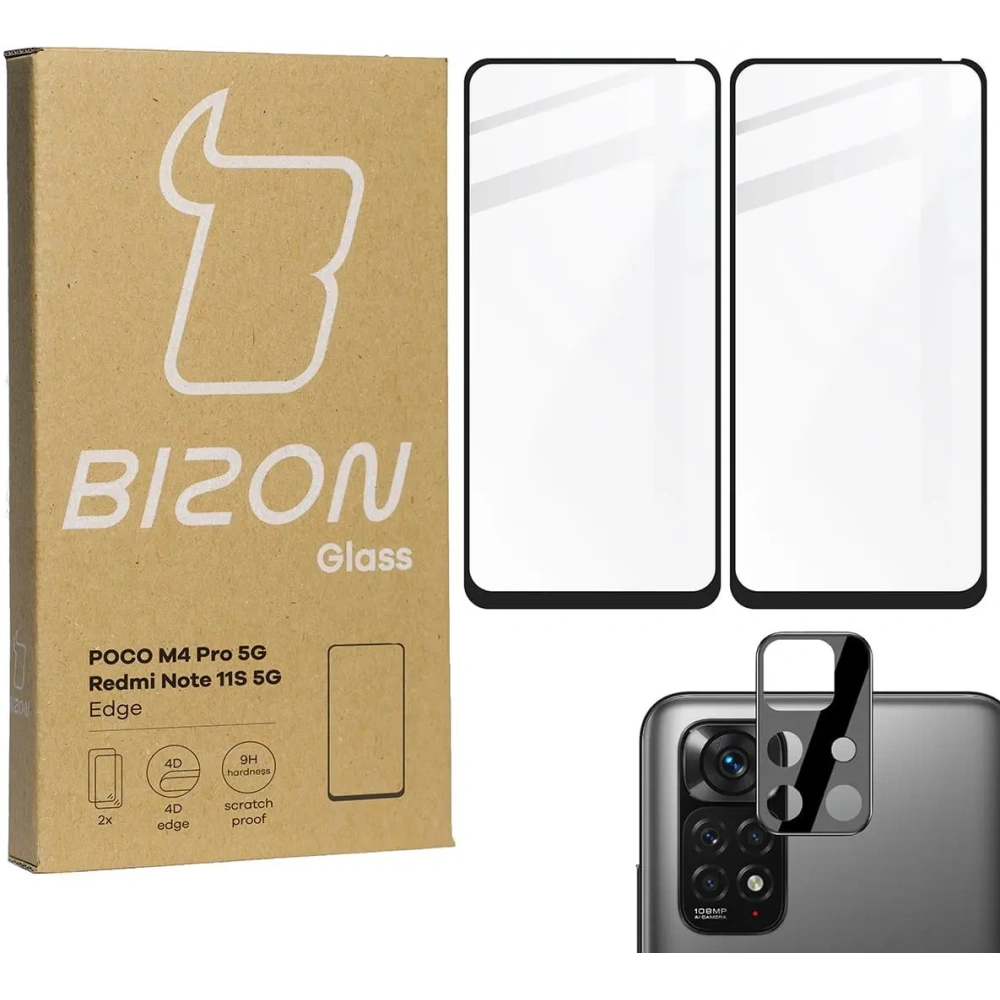 Szkło hartowane Bizon Glass Edge - [2 PACK] + ochrona na obiektyw Poco M4 Pro 5G / Redmi Note 11S 5G czarne