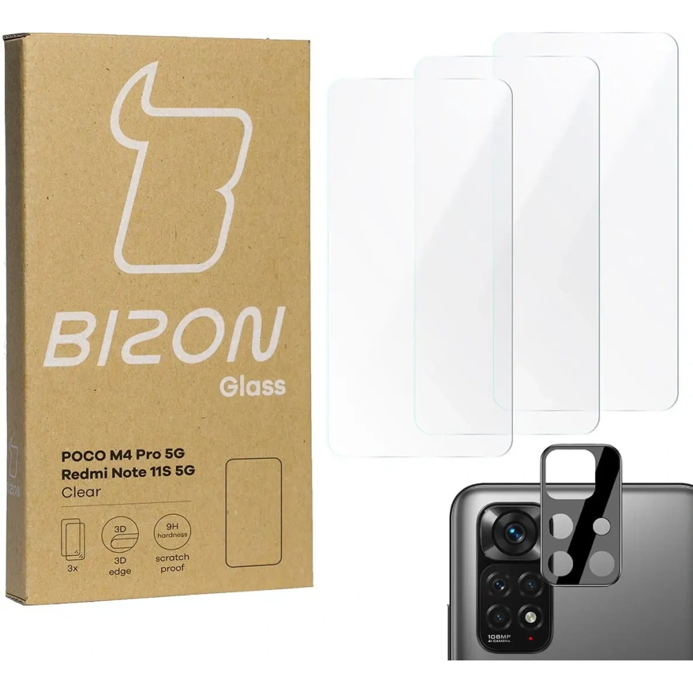 Szkło hartowane Bizon Glass Clear - 3 szt. + obiektyw Poco M4 Pro 5G / Redmi Note 11S 5G