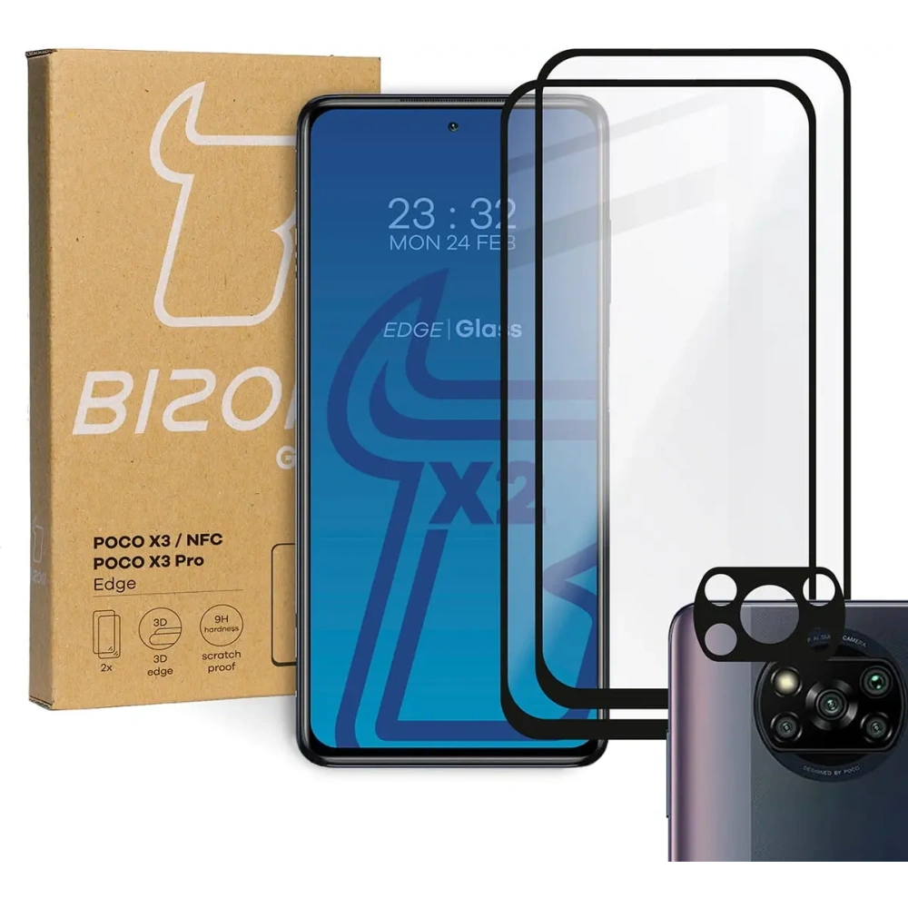 Szkło hartowane Bizon Glass Edge - [2 PACK] + ochrona na obiektyw Xiaomi Poco X3 / NFC / PRO czarne