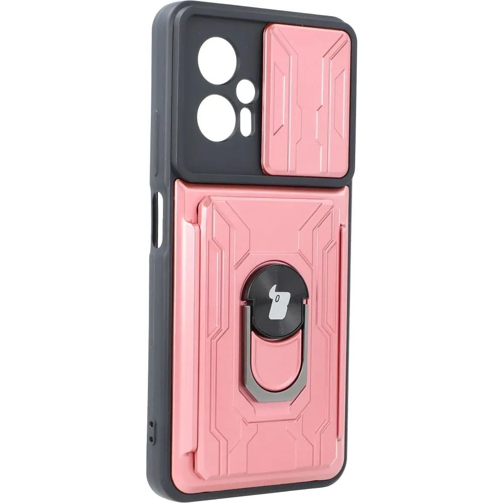 Etui Bizon Case Camshield Card Slot Ring do Xiaomi Poco X4 GT jasnoróżowe
