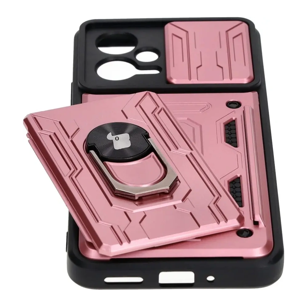 Etui Bizon Case Camshield Card Slot Ring do Xiaomi POCO X5 jasnoróżowe