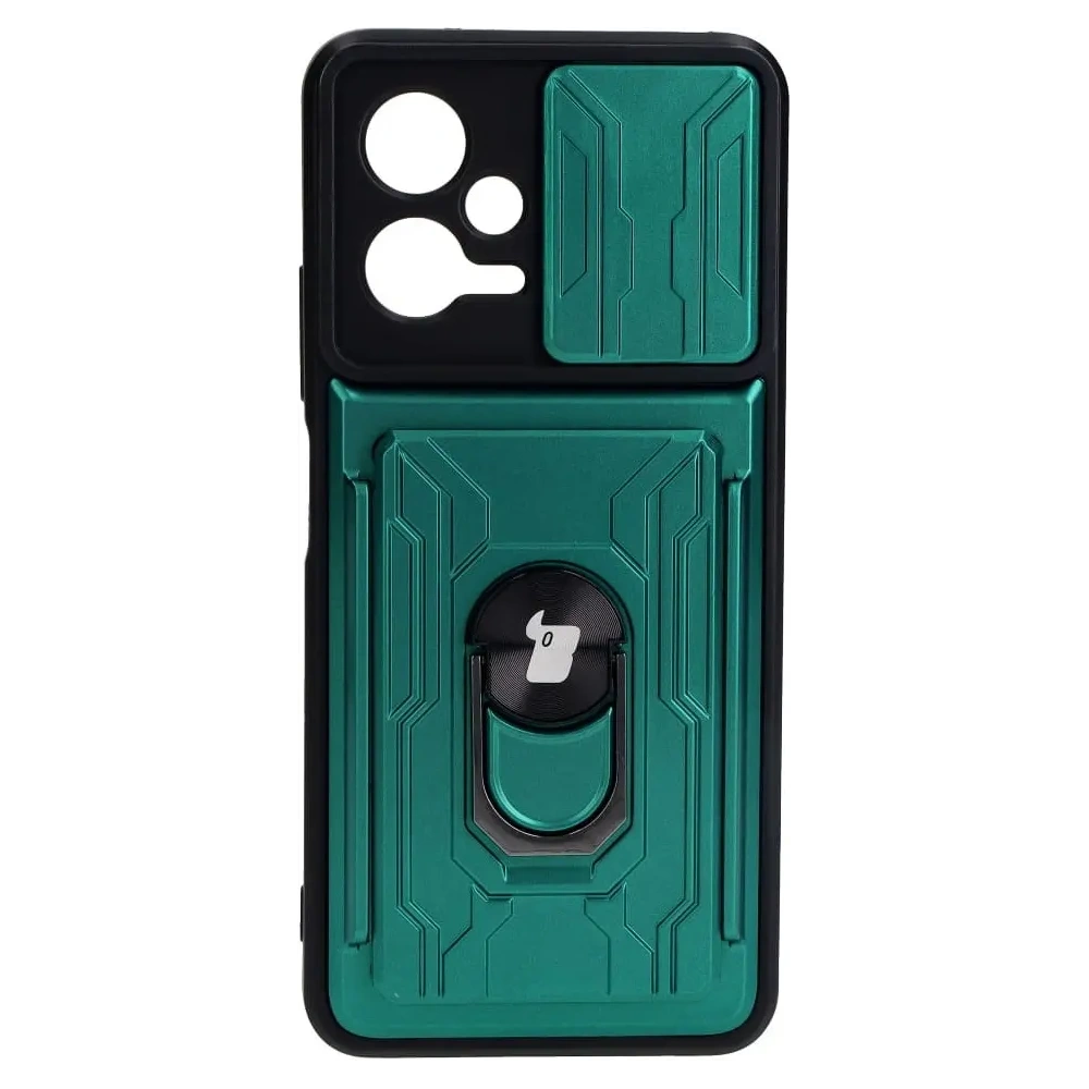 Etui Bizon Case Camshield Card Slot Ring do Xiaomi POCO X5 zielone