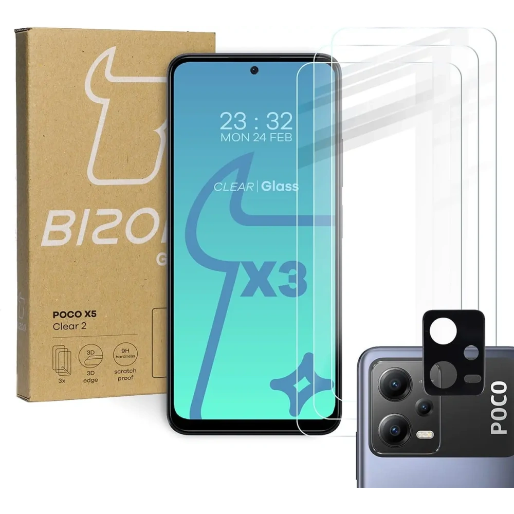 3x Szkło na ekran + szkło na aparat BIZON Clear 2 do Poco X5
