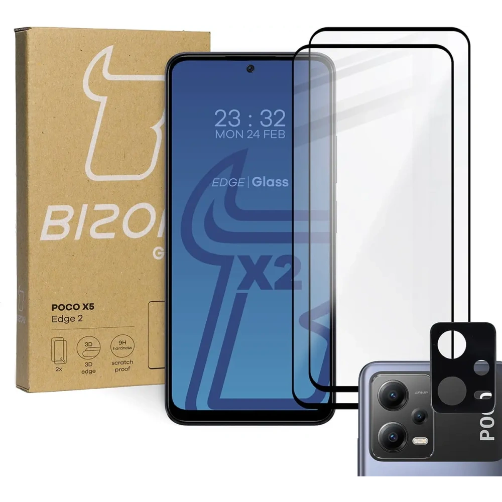2x Szkło na ekran + szkło na aparat BIZON Edge 2 do Poco X5