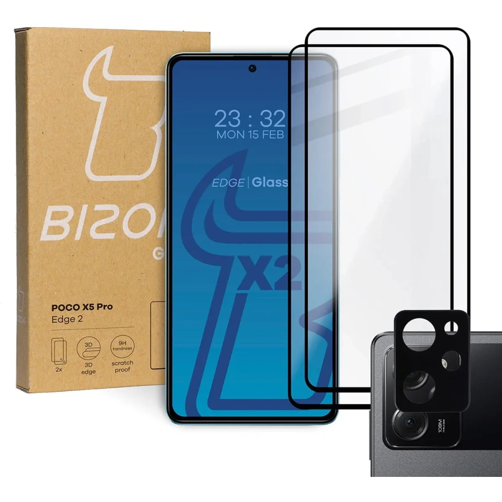 2x Szkło na ekran + szkło na aparat BIZON Edge 2 do Poco X5 Pro