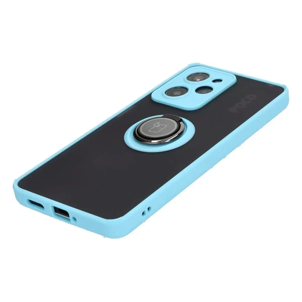 Etui z uchwytem na palec Bizon Case Hybrid Ring do Xiaomi Poco X5 Pro przydymione z jasnoniebieską ramką