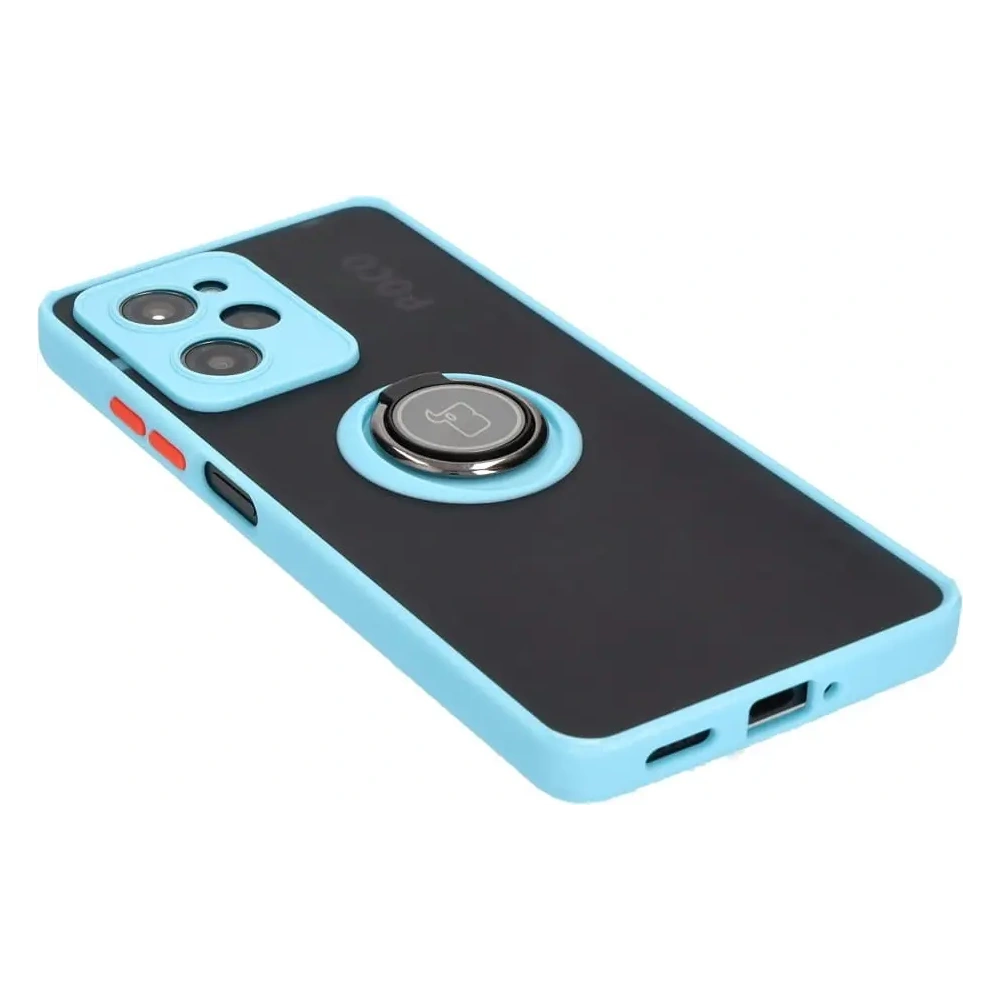Etui z uchwytem na palec Bizon Case Hybrid Ring do Xiaomi Poco X5 Pro przydymione z jasnoniebieską ramką