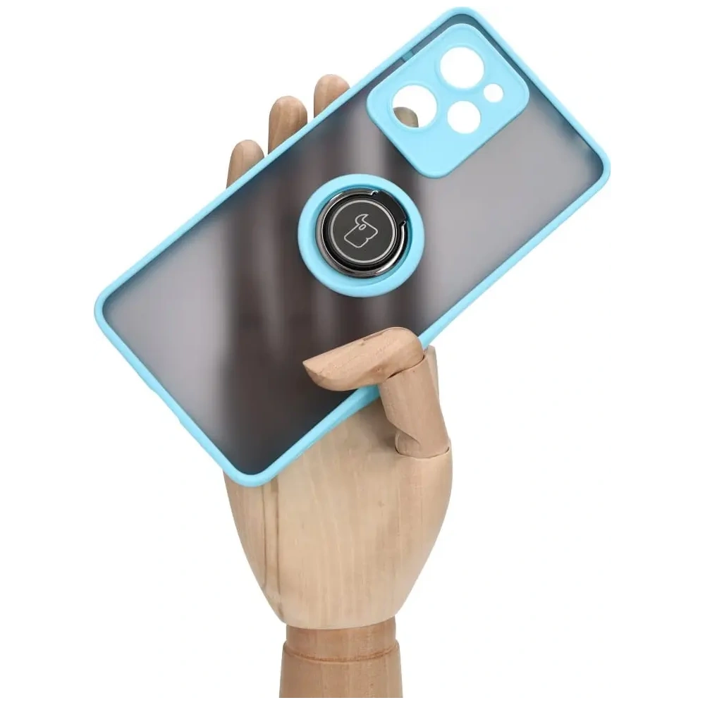 Etui z uchwytem na palec Bizon Case Hybrid Ring do Xiaomi Poco X5 Pro przydymione z jasnoniebieską ramką