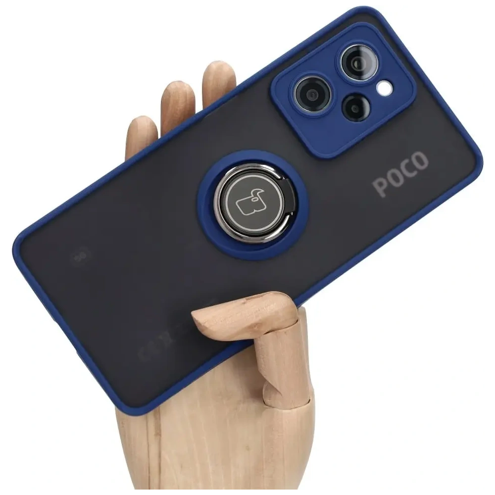 Etui z uchwytem na palec Bizon Case Hybrid Ring do Xiaomi Poco X5 Pro przydymione z granatową ramką