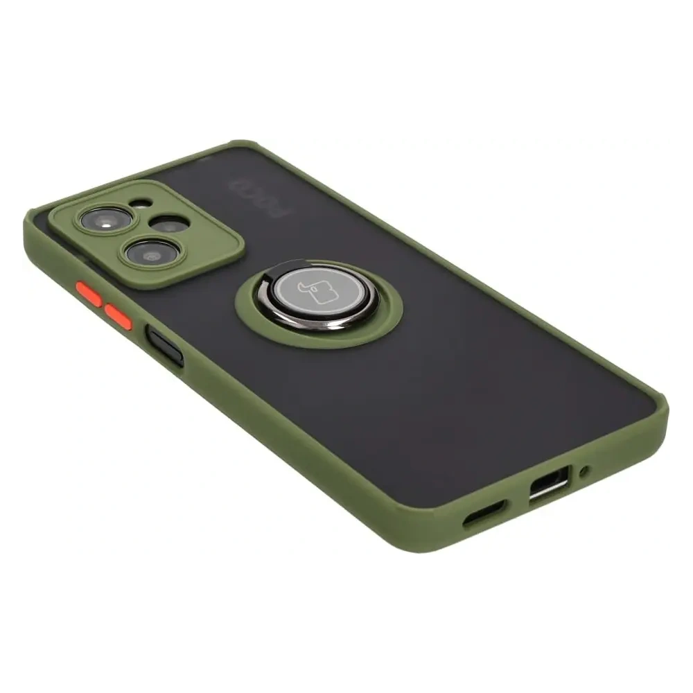 Etui z uchwytem na palec Bizon Case Hybrid Ring do Xiaomi Poco X5 Pro przydymione z zieloną ramką