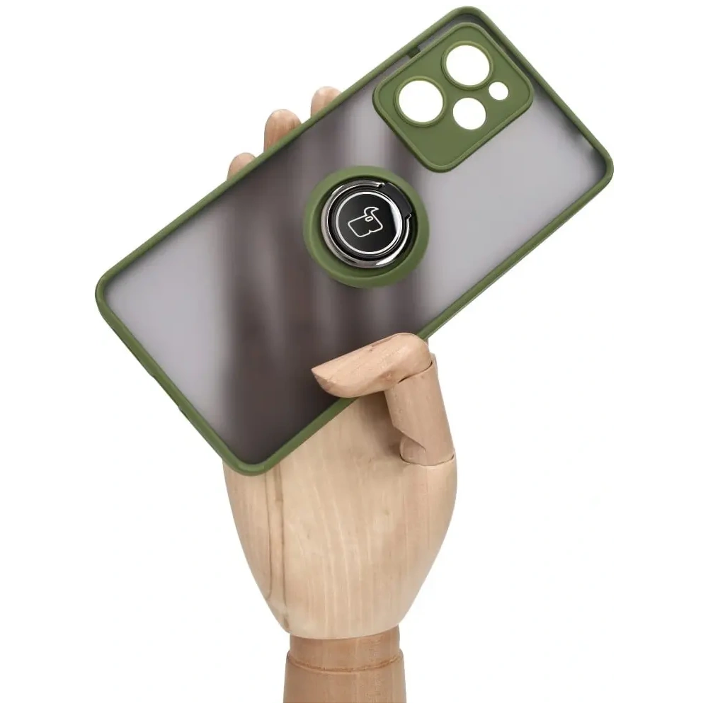 Etui z uchwytem na palec Bizon Case Hybrid Ring do Xiaomi Poco X5 Pro przydymione z zieloną ramką