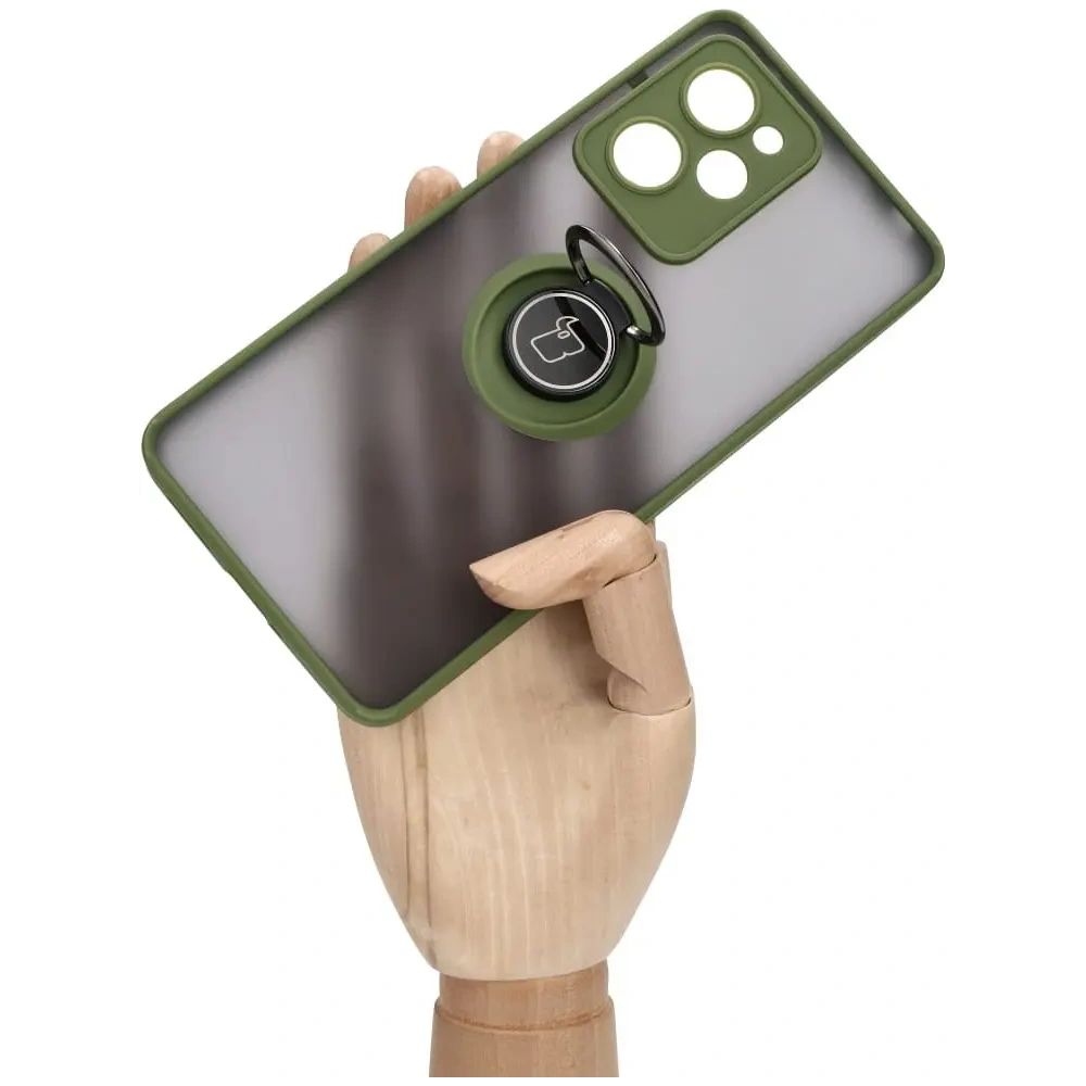 Etui z uchwytem na palec Bizon Case Hybrid Ring do Xiaomi Poco X5 Pro przydymione z zieloną ramką