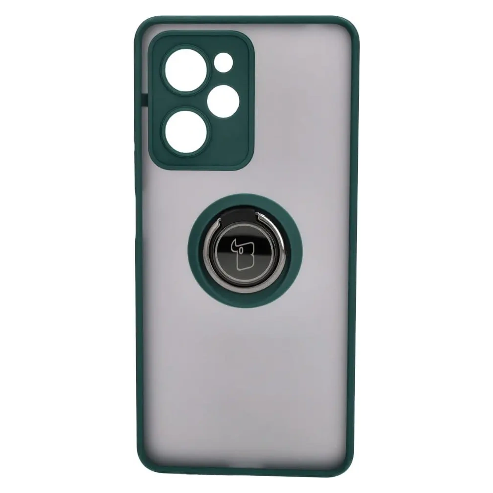 Etui z uchwytem na palec Bizon Case Hybrid Ring do Xiaomi Poco X5 Pro przydymione z ciemnozieloną ramką