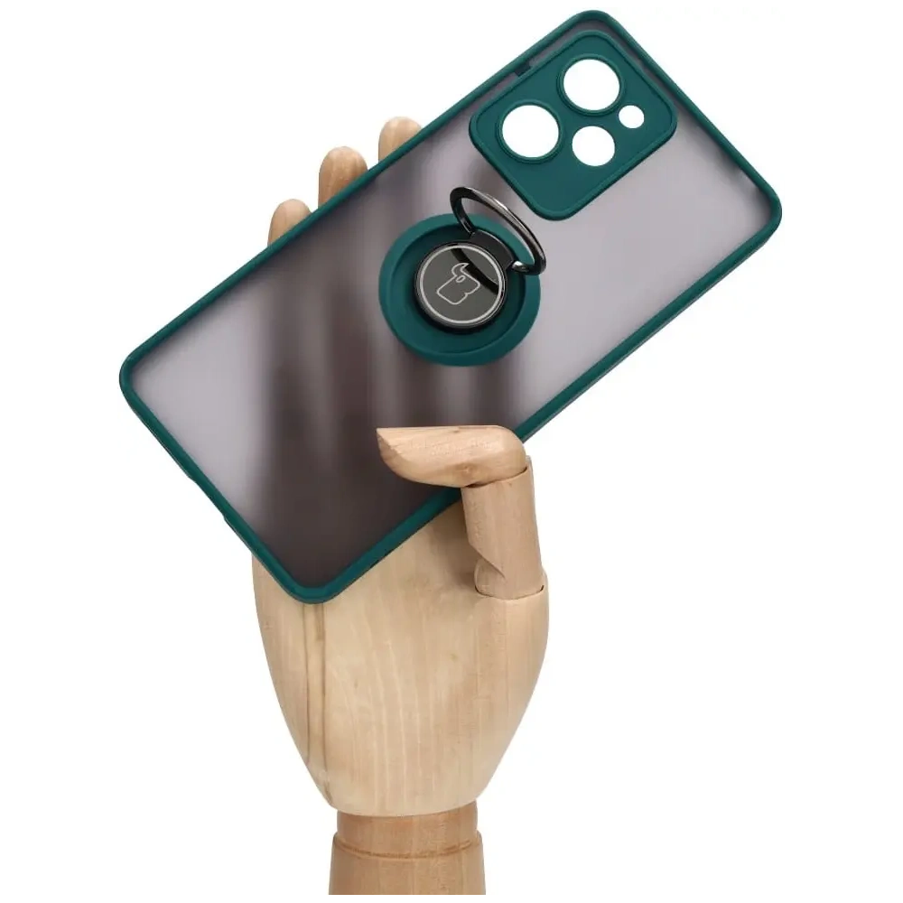Etui z uchwytem na palec Bizon Case Hybrid Ring do Xiaomi Poco X5 Pro przydymione z ciemnozieloną ramką