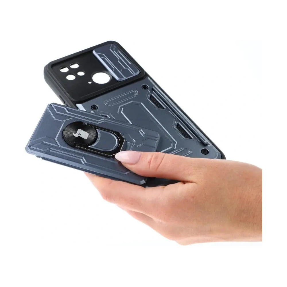 Etui Bizon Case Camshield Card Slot Ring do Xiaomi Redmi 10C szare