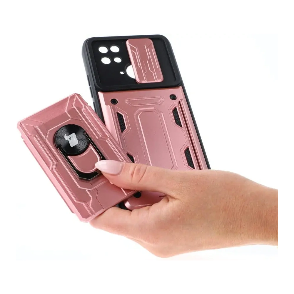 Etui Bizon Case Camshield Card Slot Ring do Xiaomi Redmi 10C jasnoróżowe