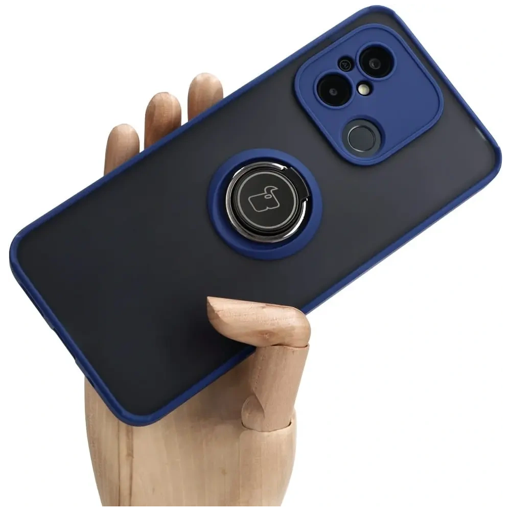 Etui z uchwytem na palec Bizon Case Hybrid Ring do Xiaomi Redmi 12C przydymione z granatową ramką