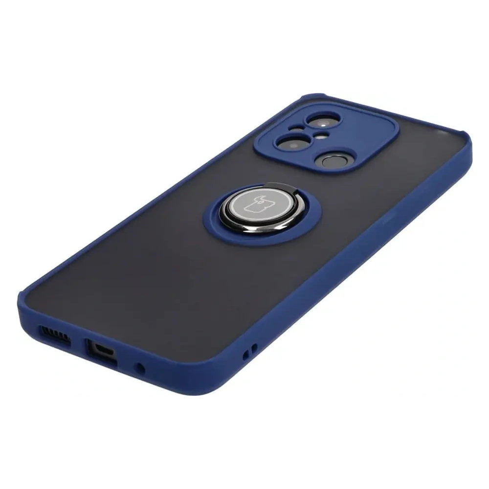 Etui z uchwytem na palec Bizon Case Hybrid Ring do Xiaomi Redmi 12C przydymione z granatową ramką