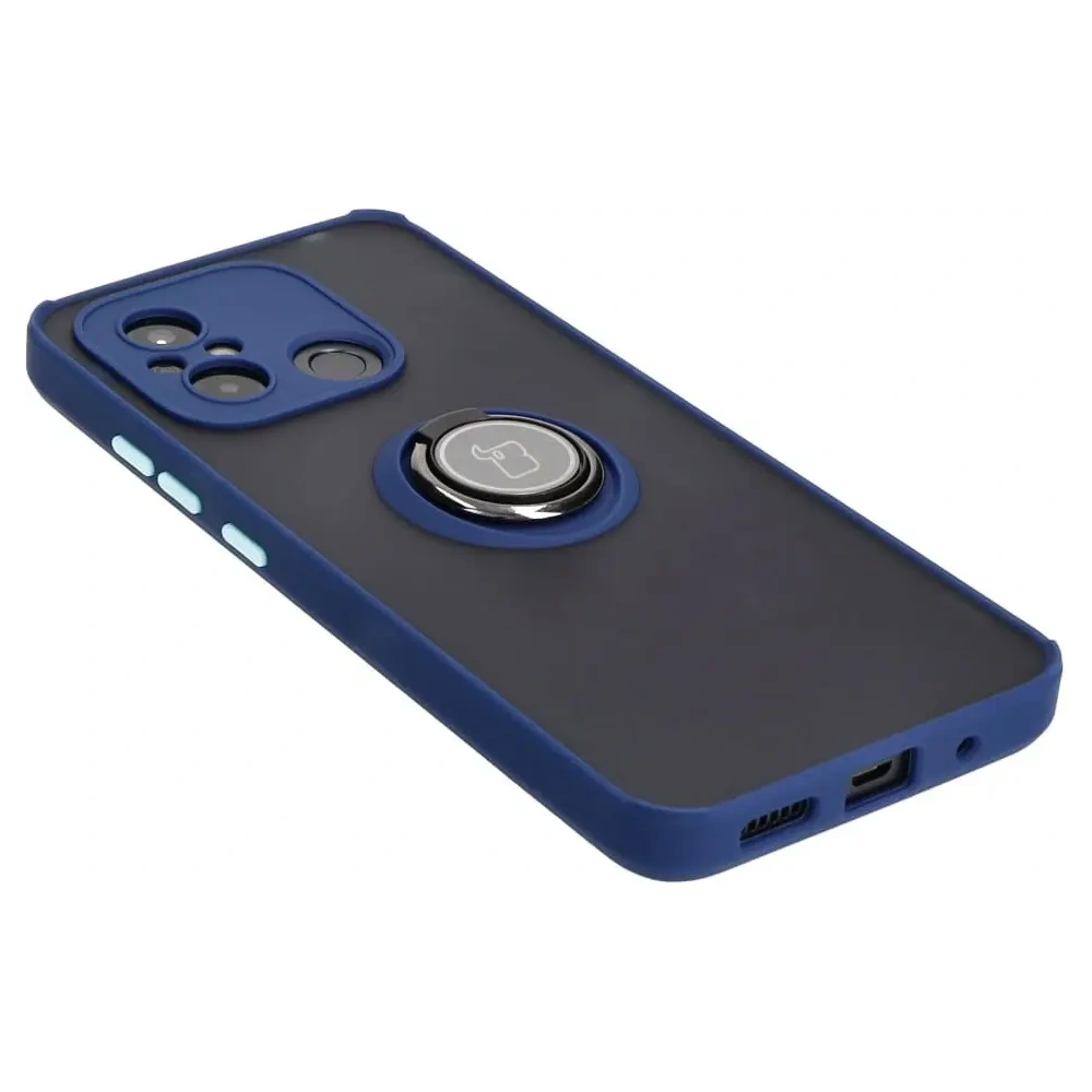 Etui z uchwytem na palec Bizon Case Hybrid Ring do Xiaomi Redmi 12C przydymione z granatową ramką