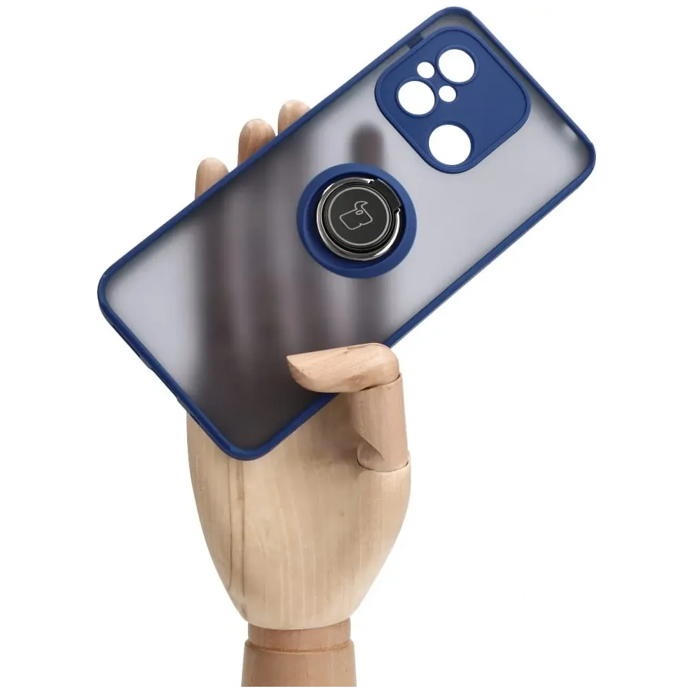 Etui z uchwytem na palec Bizon Case Hybrid Ring do Xiaomi Redmi 12C przydymione z granatową ramką