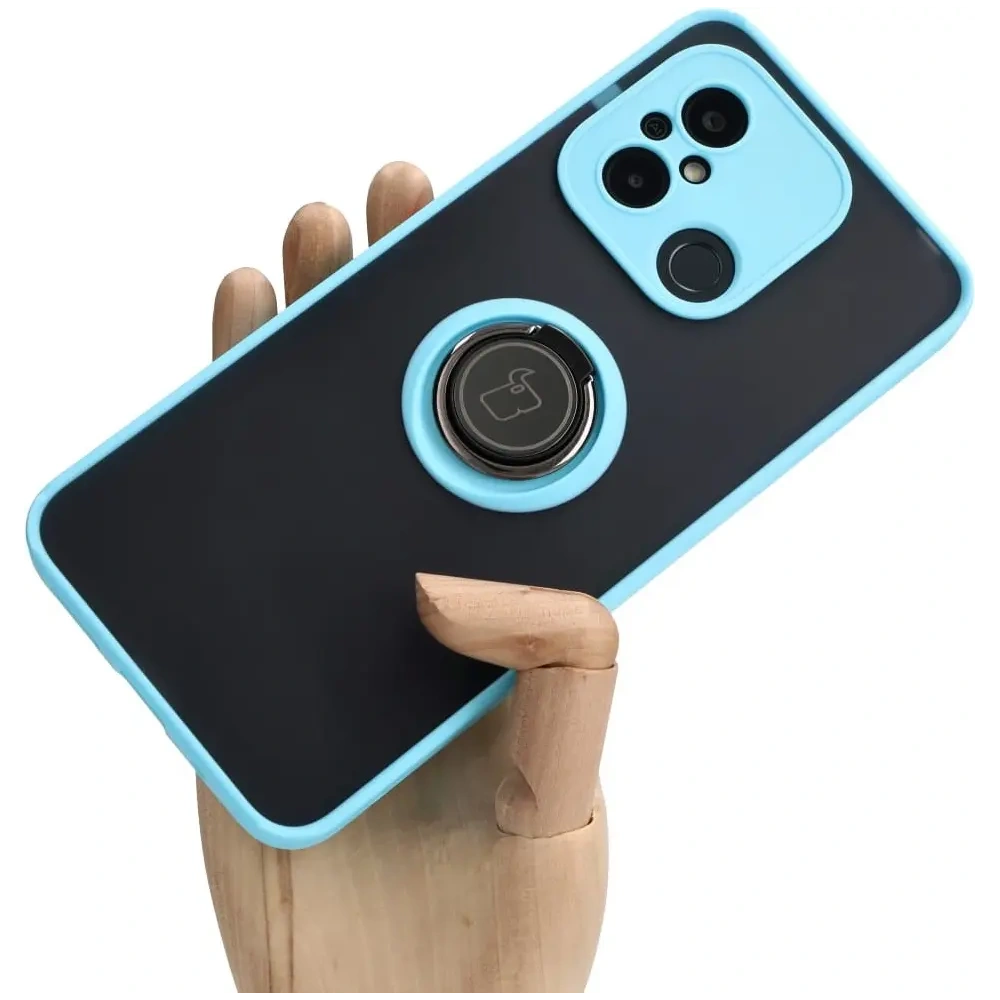 Etui z uchwytem na palec Bizon Case Hybrid Ring do Xiaomi Redmi 12C przydymione z jasnoniebieską ramką