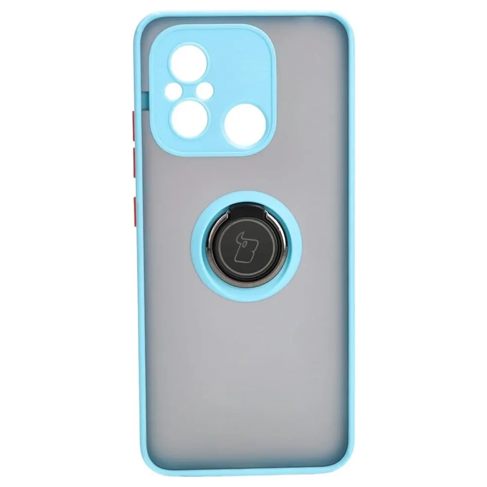 Etui z uchwytem na palec Bizon Case Hybrid Ring do Xiaomi Redmi 12C przydymione z jasnoniebieską ramką