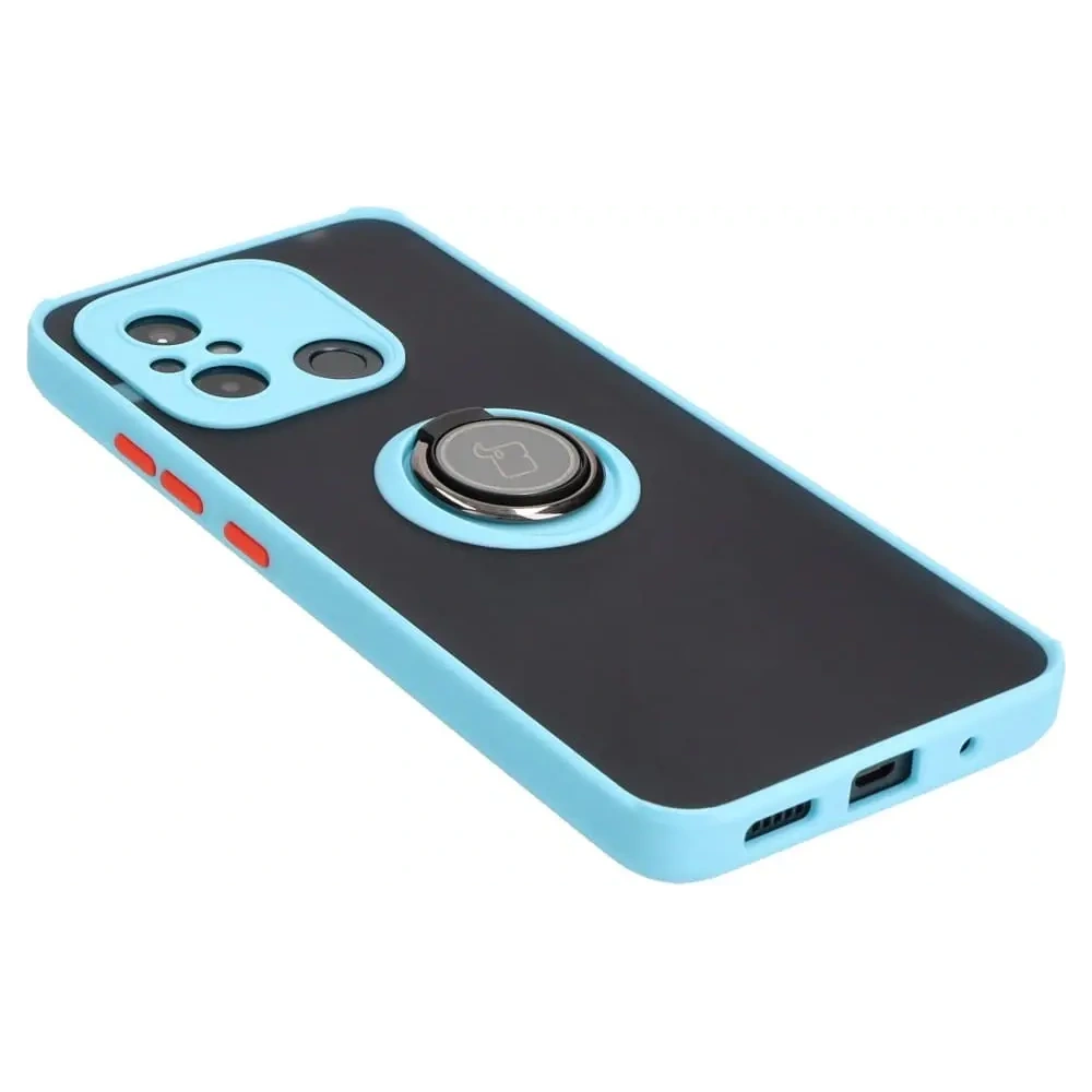 Etui z uchwytem na palec Bizon Case Hybrid Ring do Xiaomi Redmi 12C przydymione z jasnoniebieską ramką