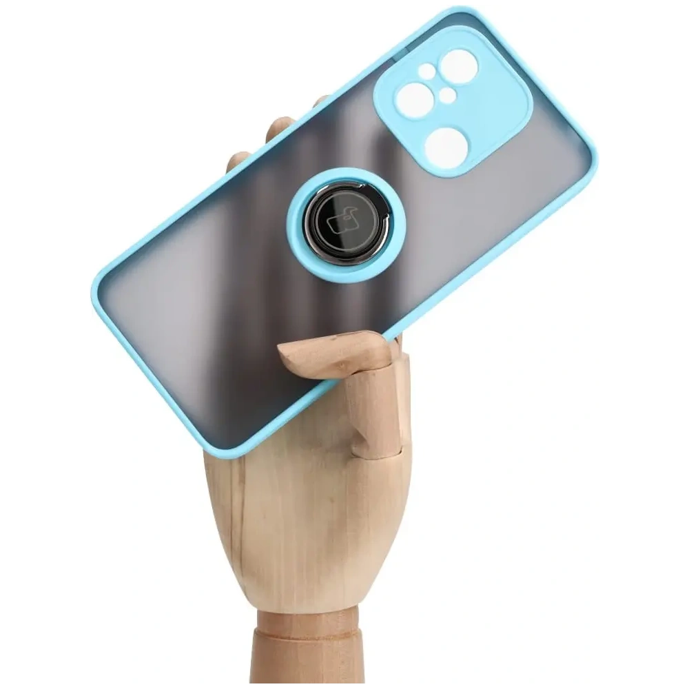 Etui z uchwytem na palec Bizon Case Hybrid Ring do Xiaomi Redmi 12C przydymione z jasnoniebieską ramką