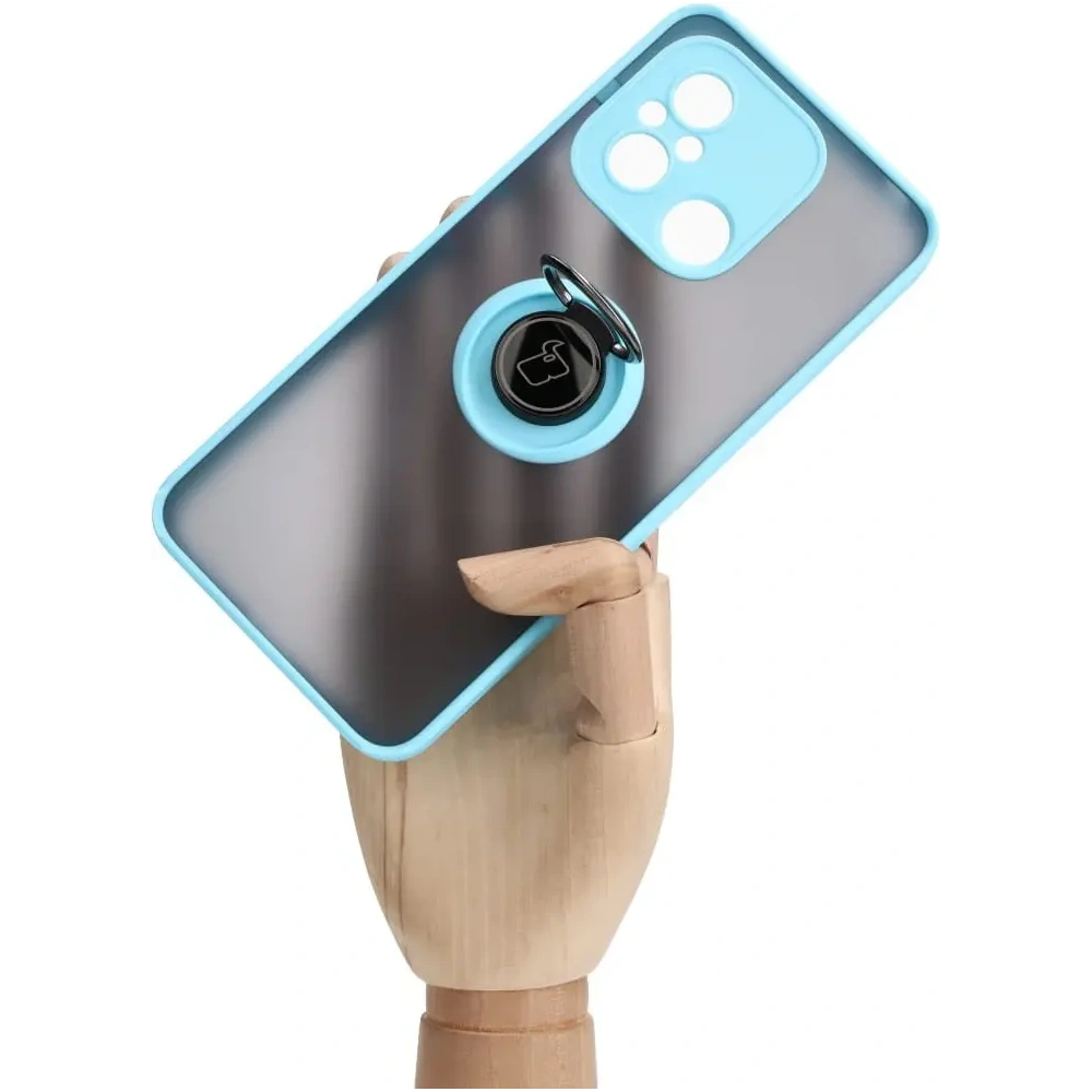 Etui z uchwytem na palec Bizon Case Hybrid Ring do Xiaomi Redmi 12C przydymione z jasnoniebieską ramką