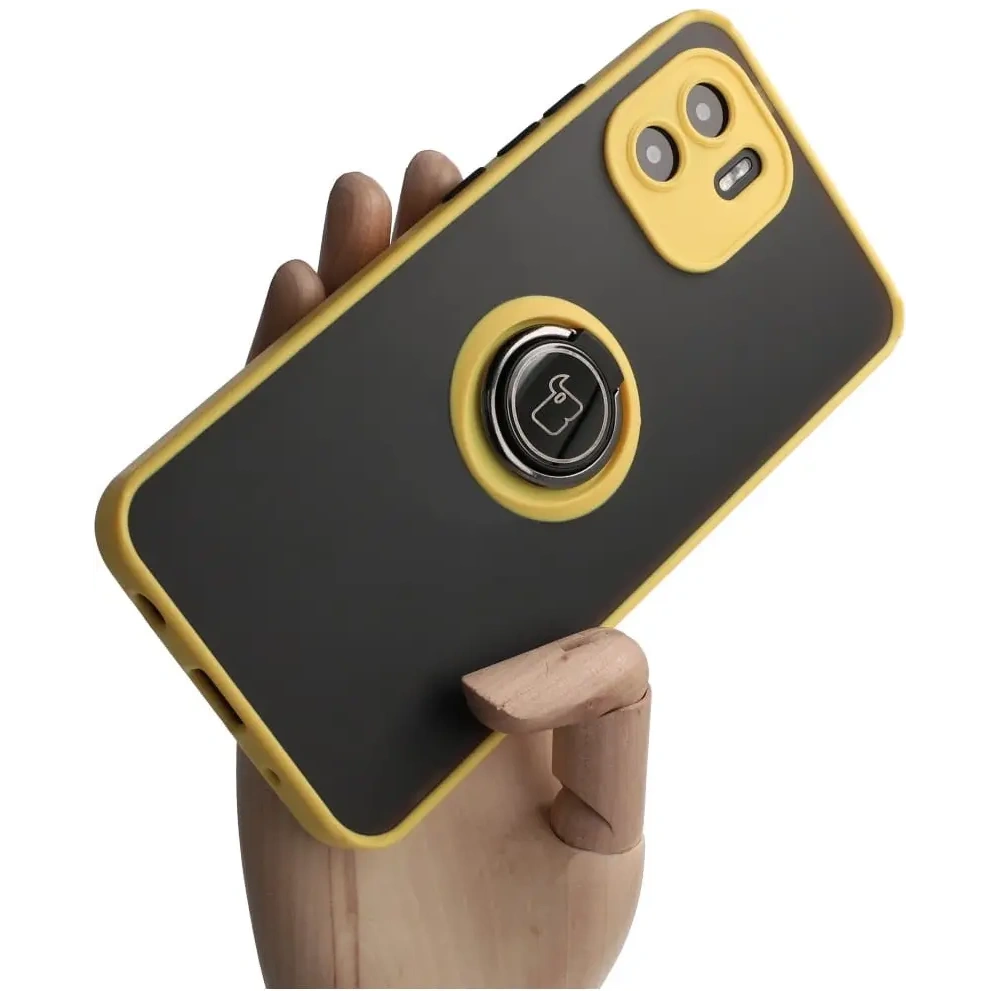 Etui z uchwytem na palec Bizon Case Hybrid Ring do Xiaomi Redmi A1 przydymione z żółtą ramką