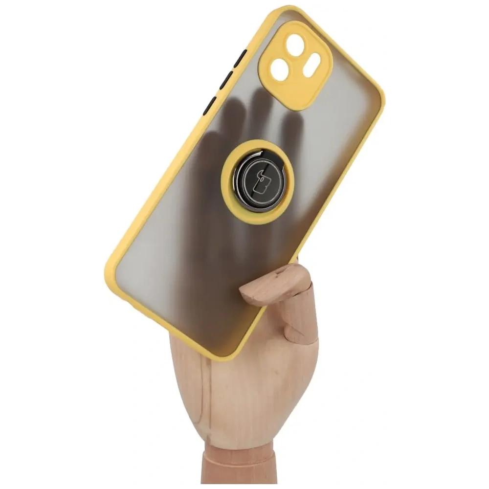 Etui z uchwytem na palec Bizon Case Hybrid Ring do Xiaomi Redmi A1 przydymione z żółtą ramką