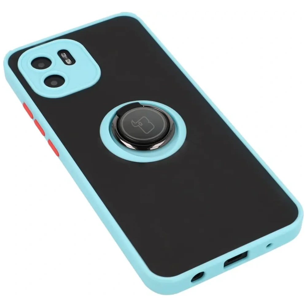 Etui z uchwytem na palec Bizon Case Hybrid Ring do Xiaomi Redmi A1 przydymione z jasnoniebieską ramką