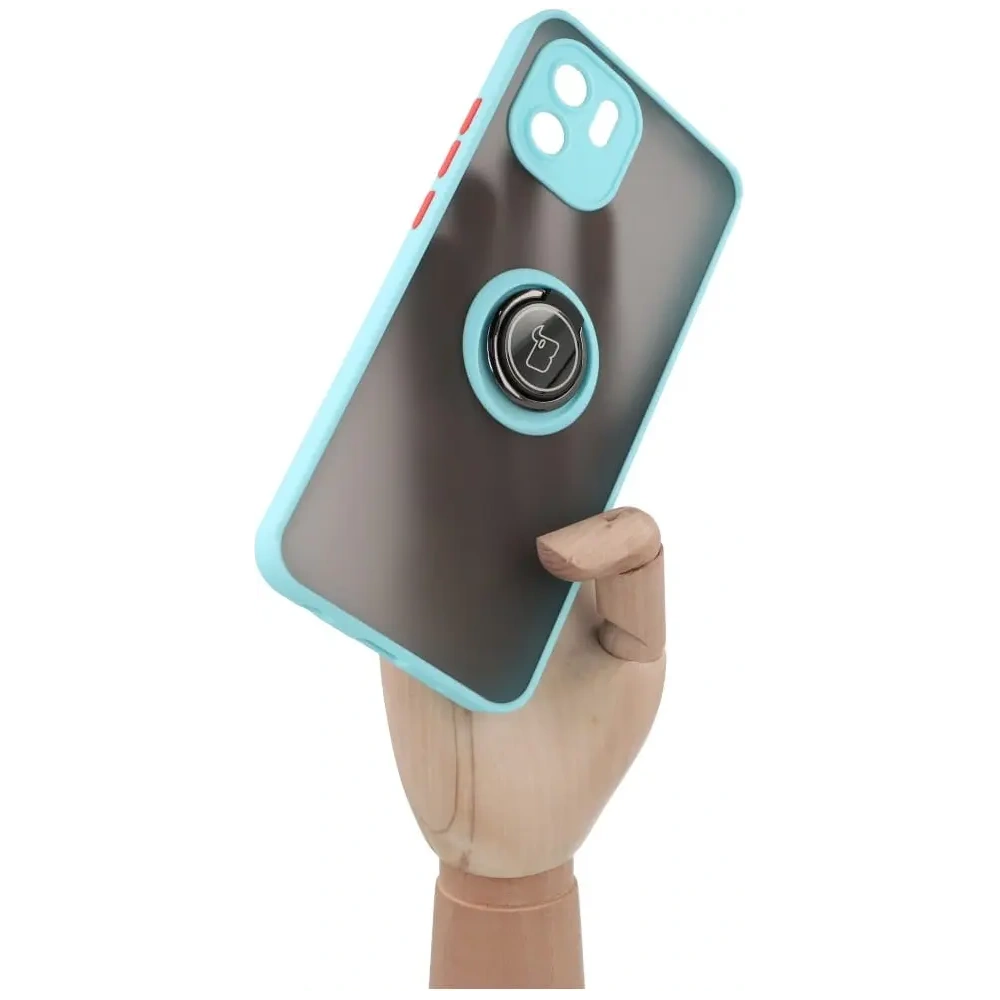 Etui z uchwytem na palec Bizon Case Hybrid Ring do Xiaomi Redmi A1 przydymione z jasnoniebieską ramką