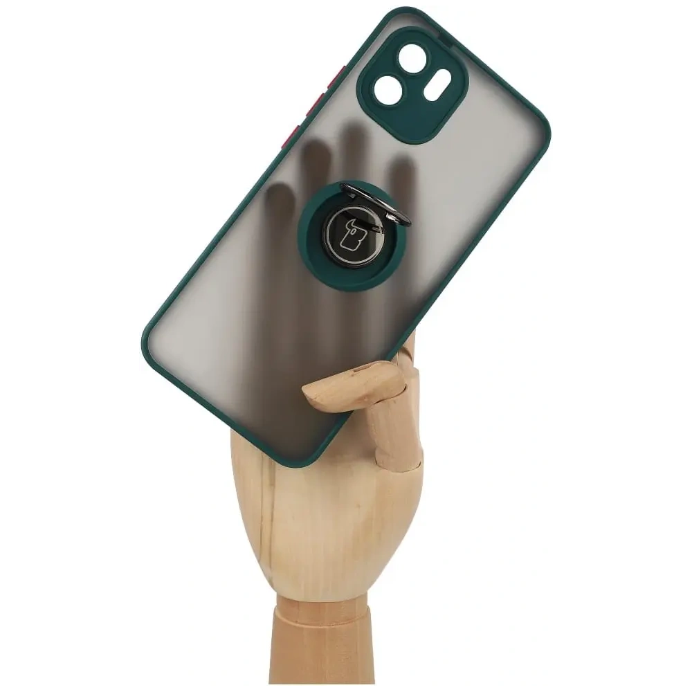 Etui z uchwytem na palec Bizon Case Hybrid Ring do Xiaomi Redmi A1 przydymione z ciemnozieloną ramką